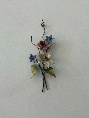 Vtg Bovano Of Cheshire Wall Art Pink Blue Cream Floral Copper Glass Enamel - Image 1 of 4