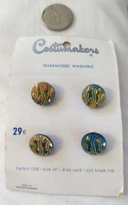 4 VINTAGE Buttons Costumakers Iridescent 1/2” Fashion Buttons, New On Card - Image 1 of 3