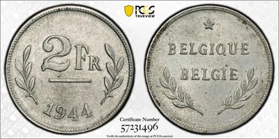 1944 Belgium 2 Franc PCGS AU58 Goldshield Trueview KM-133 Allied Occupation - Image 1 of 3