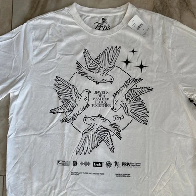 PRPS Mens JEWELS OF A FEATHER FLOCK White Graphic Short Sleeve T-Shirt Size XL - Image 1 of 4
