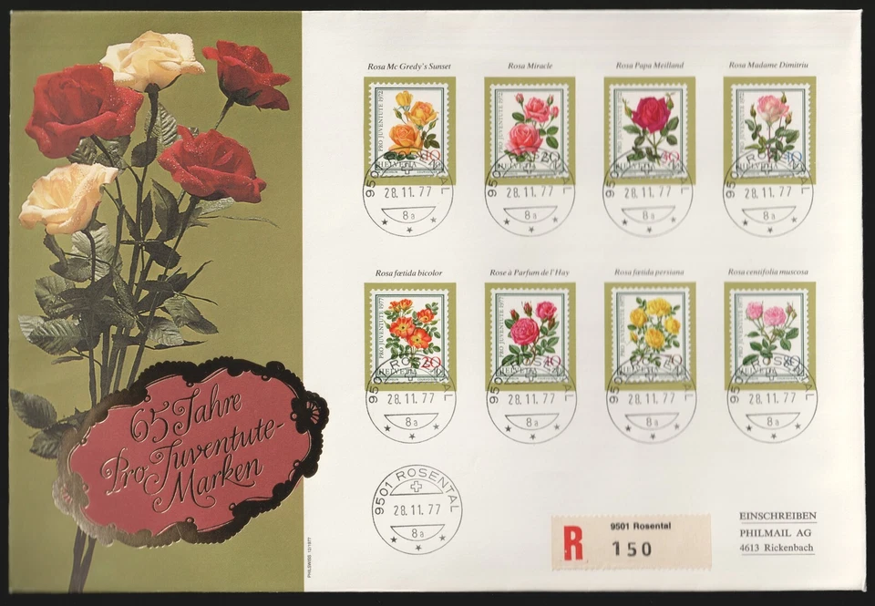 1977 Switzerland Roses FDC + 1972 Set on Rosental First Day Cover. Pro Juventute - Image 1 of 1