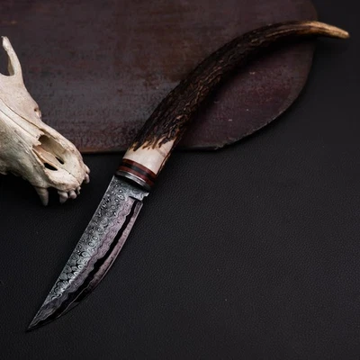 Готовый к подарку 13,1-дюймовый дамасский/стальной нож с накладным монтажом для охоты + кожаные ножны - Изображение 1 из 4