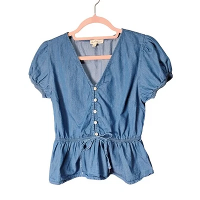 Blusa Derek Heart Para Mujer Azul Denim Peplum Top Mangas Cortas Abullonadas, Talla M Foto 1 de 4