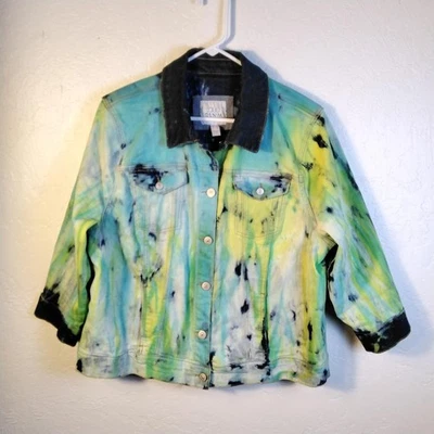 Lori Goldstein LOGO DENIM Jacket Womens 16 Tie Dye Blue Green Limited Edition - Image 1 of 4