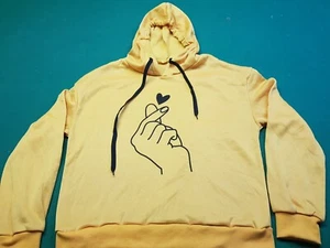 Yellow Fleece Hoodie Fingers Crossed Love Heart Size M Length 56cm Armpit 53cm - Picture 1 of 2