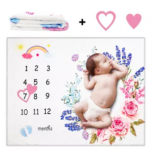 Baby Monthly Milestone Photo Blanket Unisex 30" x 40" White Flannel - Picture 1 of 45