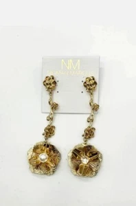 $70 Neiman Marcus Women's Gold Floral Blossom Pearl Post Back Drop Earrings - Picture 1 of 4