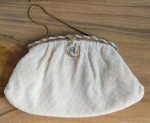VINTAGE Hand Made in FRANCE Ivory Beaded Purse with Metal Beaded Accent on Top - Picture 1 of 11