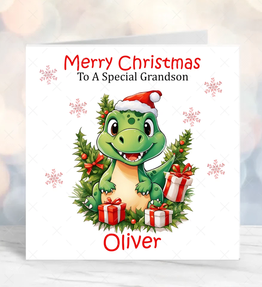 FORGETMEKNOT CARDS personalised Childrens Christmas card Dinosaur Boys Son Grandson Friend Brother