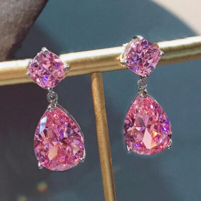 New Xmas Jewelry Teardrop Pink Topaz Gemstone Silver Women Dangle Stud Earring - Image 1 of 4
