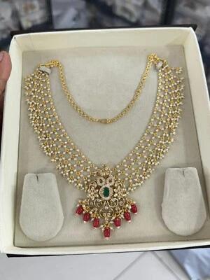 Latest Beaded Classic Pearls Jadau Necklace Designer Golden Plated Long Bridal - Image 1 of 4