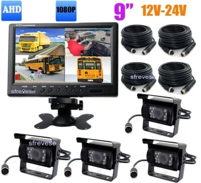 4x AHD 1080P  Car Rearview Backup Camera +9" LCD 4CH Split Monitor for Bus Truck - Image 1 of 4