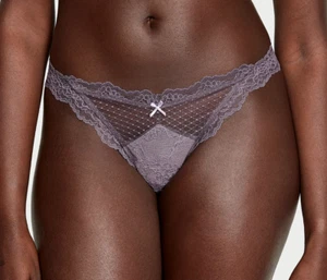 Victoria's Secret NWT Dream Angels Medium Purple Thong Panty Lace Mesh Bow Cute - Picture 1 of 9
