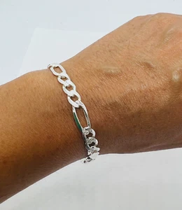 925 Silver Solid figaro Link Diamond Cut Men's/Women's Bracelet 4mm-11mm 7"8",9" - Picture 1 of 8
