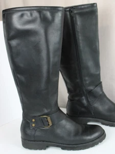 Black Riding Biker Boots Women 7 M Leather Tall Zip Buckle Accent Block Heel - Picture 1 of 11