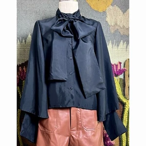 Anthropologie Mille Black 100% Silk Tie Bow Blouse Top M - Picture 1 of 18
