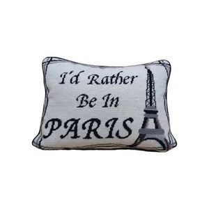 Black Off White I'd Rather Be in Paris Needlepoint Throw Pillow 16” Eiffel Tower - Picture 1 of 4
