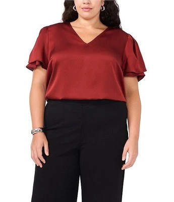 Vince Camuto Plus Sz 2X  Woven Hammered Satin V-Neck Short Ruffle Sleeve Blouse - Image 1 of 4