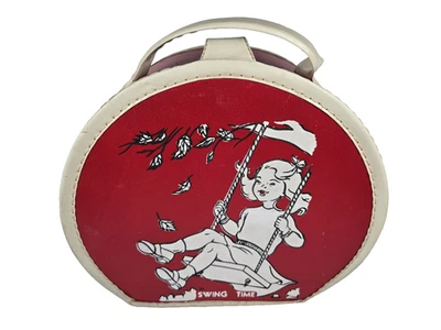 Girl on Swing 1950 - 60s Childs Swing Time Suitcase Red Case Paperboard & Vinyl - Image 1 of 4