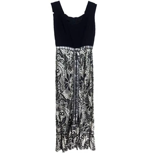 Vintage 70s Babydoll Metallic Paisly Zip Front Maxi Dress Small Black Silver - Picture 1 of 17