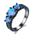 Fashion Women's Black Gold Round Blue Simulated Opal Wedding Jewelry Ring Size 6
