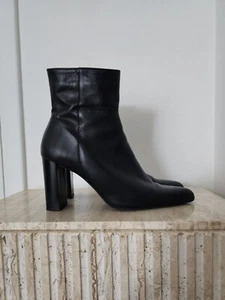 Mango Women Black Leather Heel Zipper Almond Toe Ankle Boots Sz 38/US 8 - Picture 1 of 7