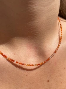 2MM 3MM Carnelian Faceted Round Gemstone Beaded Minimalist Dainty Necklace 18" - Picture 1 of 10