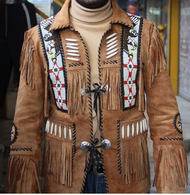 Men Western Cowboy Suede Fringe Jacket Beaded Native American Leather Jacket - Image 1 of 4
