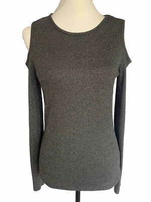 New Look Womens Grey Top Size 14 Cold Shoulder Long Sleeve Round Neck Sparkly - Image 1 of 4