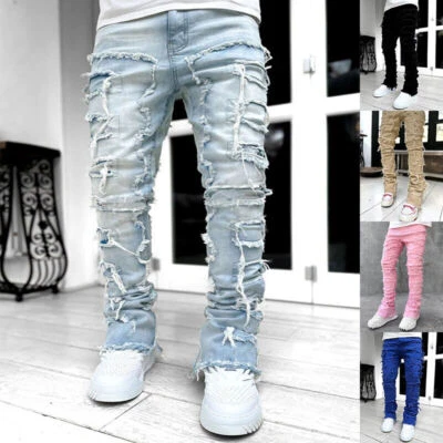 Mens Trousers Patched Stretch Straight Pants Pants Long Tight Fit Stacked Jeans - Image 1 of 4