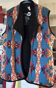 L&B Lucky & Blessed Southwest Print Sherpa Open Front Vest Womens Western Large - Picture 1 of 9