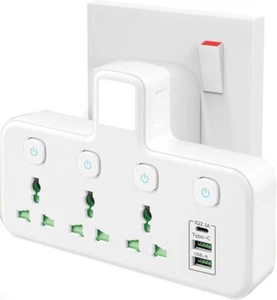 Plug Adapter Wall Socket With Nightlight,3 Way Plug Extension With 1 Type-C+2 US - Picture 1 of 10