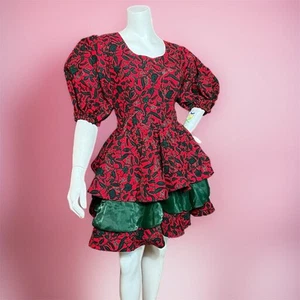 VINTAGE 80s Handmade Floral Bubble Skirt Dress Size 6 Balloon Sleeve Scoop Neck - Picture 1 of 4