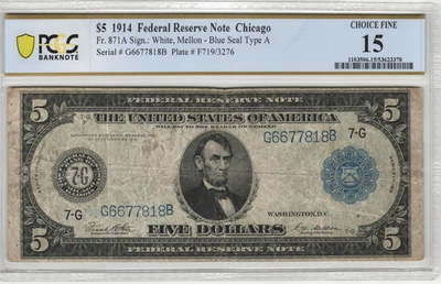 Fr.871 1914 Chicago $5 Federal Reserve Note PCGS Choice Fine 15 Comment - Image 1 of 2