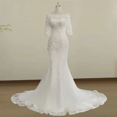 Customized Lace Off-shoulder Mermaid Wedding Dress Lace Applique Bridal Gowns - Image 1 of 4