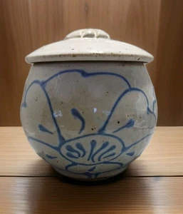 Vtg Diehl Pottery Jar with Lid Speckled Glaze Accent In Blue Floral Signed 1986 - Picture 1 of 10