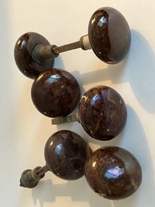 Lot of 6 Antique Marble Tiger Swirl Porcelain Door Knobs Brown w/3 Spindles - Picture 1 of 19