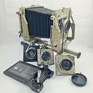 Vintage 1950s Camera Graflex View II Monorail 4x5 Camera w/Case + 3 Lenses