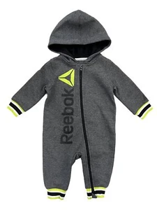 Reebok Infant Boys Charcoal Gray & Green Zip Up Hooded Romper Outfit 3-6 Months - Picture 1 of 1