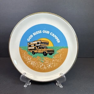 Vtg God Bless Our Camper Plate RV Retro Camping Truck Wonderlust 7” Gold Trim - Picture 1 of 11