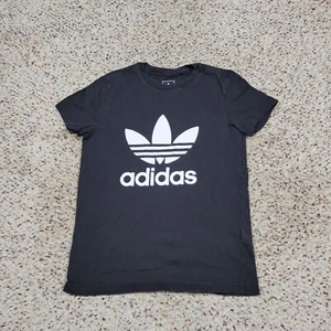 Adidas Shirt Girls Medium Black Tee Spell Out Trefoil Logo Kids Child Youth A1* - Picture 1 of 9