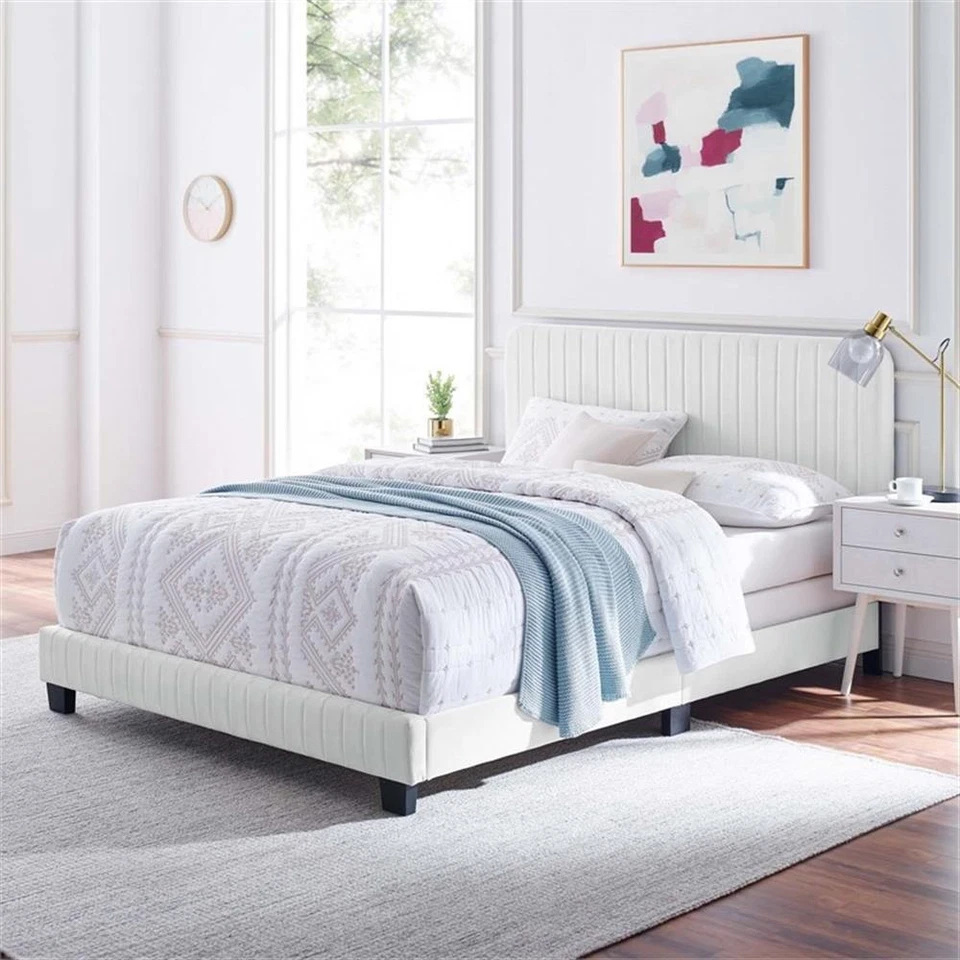 Modway Furniture Celine Channel Tufted Velvet Queen Bed White -MOD-6330-WHI