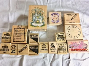 TEACHER SCHOOL THEME RUBBER STAMP LOT OF 16 Homework, Happy Birthday, Student - Picture 1 of 5