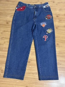 Rare 2003 Y2K NBA Patches Dtek Jeans Size 40 x 33 Skater Streetwear Baggy Pants - Picture 1 of 12