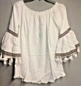 Plus size Women's Soft White Bell sleeve pom pom Blouse Top Tunic summer US Boho - Picture 1 of 2
