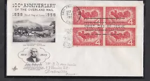 USA 1958 FIRST DAY COVER 100th ANNIV OF OVERLAND MAIL IN BLOCK OF 4 + CACHET - Picture 1 of 1