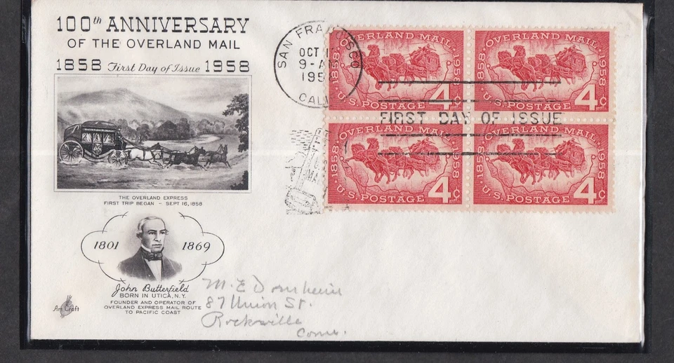 USA 1958 FIRST DAY COVER 100th ANNIV OF OVERLAND MAIL IN BLOCK OF 4 + CACHET - Image 1 of 1