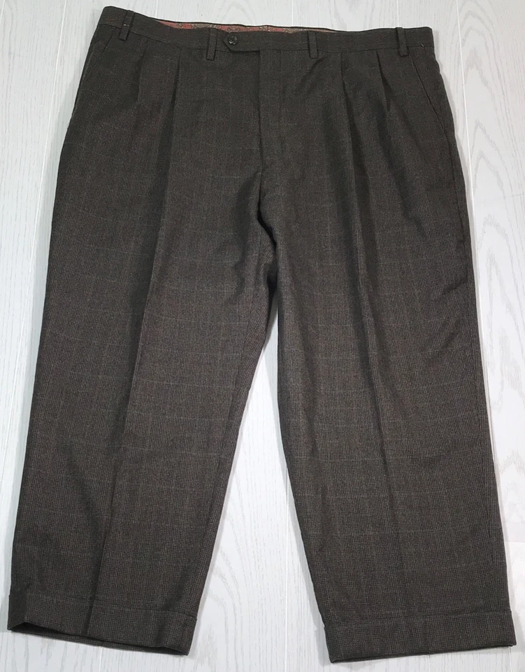 Lauren Ralph Lauren Wool Trousers Pants 44x26 Brown Houndstooth Pleated Cuffed - Image 1 of 4