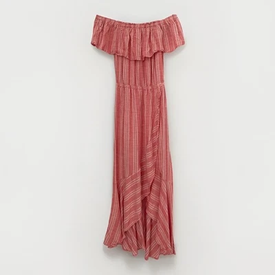 Maxi Vestido Elan Hombro Descubierto Mujer Medio Rosa Boho Volantes Abertura Vacaciones Informal Foto 1 de 4