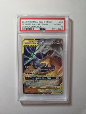 2019 POKEMON SUN & MOON Unbroken Bonds RESHIRAM & CHARIZARD GX #20 PSA 10 - Image 1 of 2